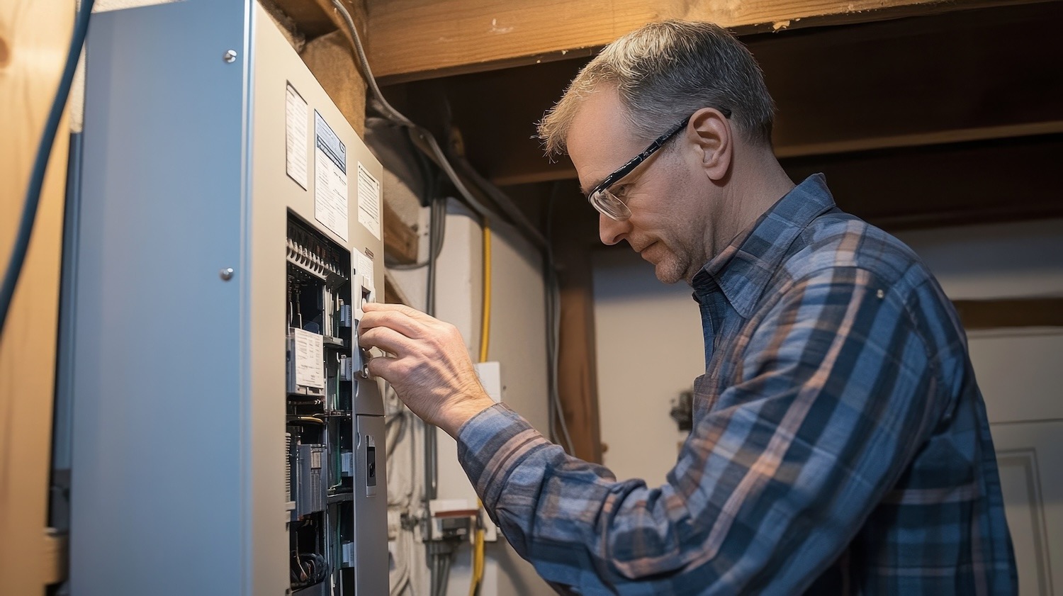 Electrician working on a residential electrical panel during a home repair.