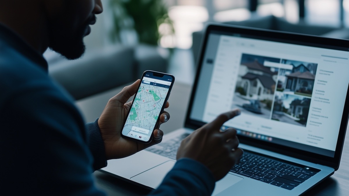 A person using a smartphone with an interactive map next to a laptop displaying home listings.
