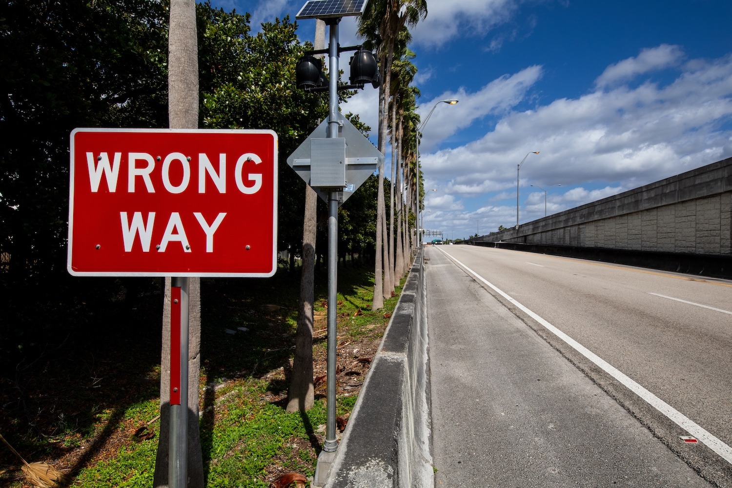 Wrong Way roadside sign beside an empty road.