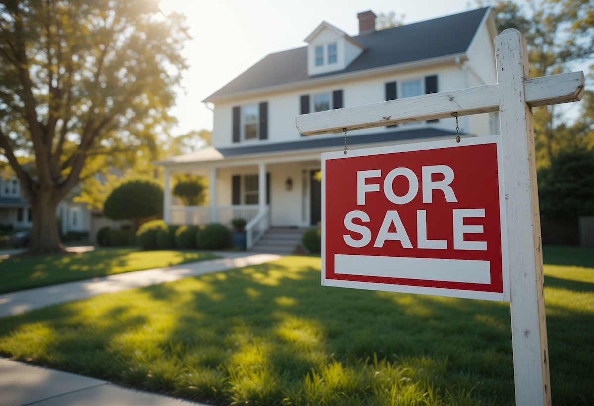 A For Sale sign standing in front of a two-storey white house.
