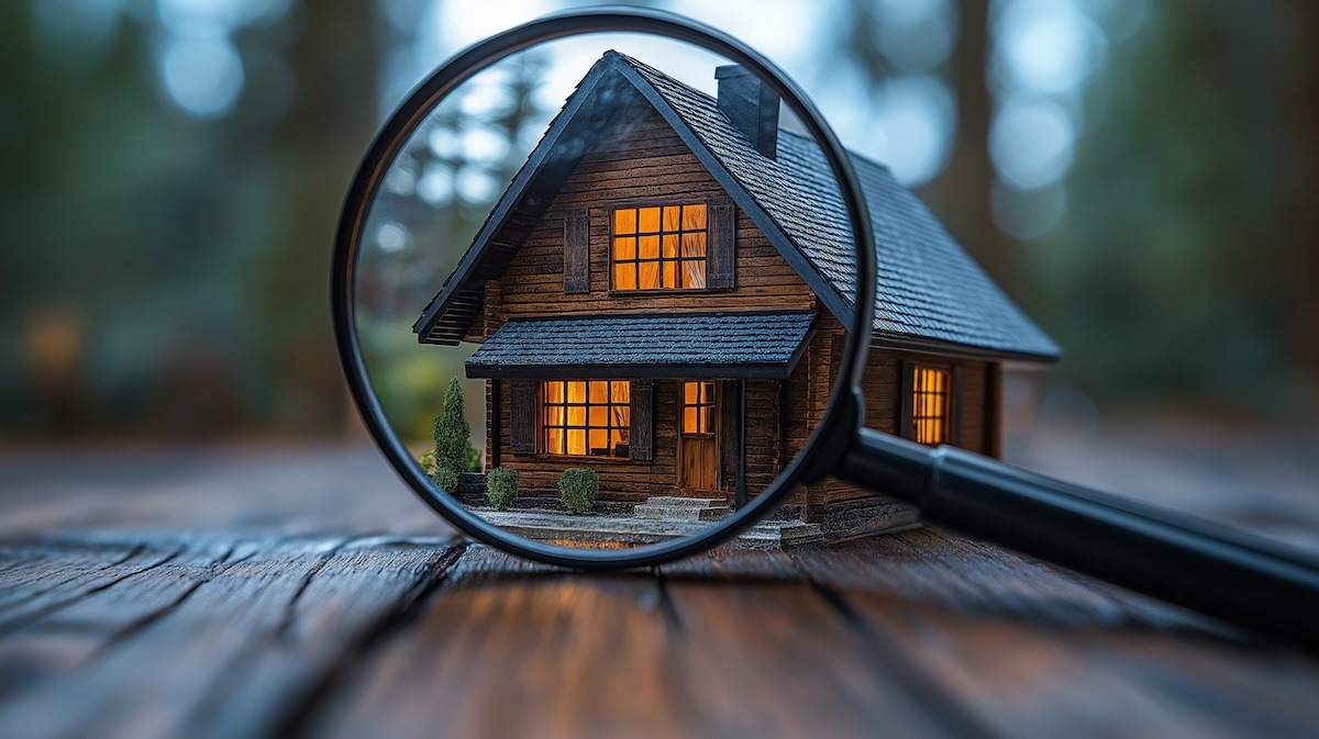 A magnifying glass positioned in front of a lighted toy house on a dark wooden table.