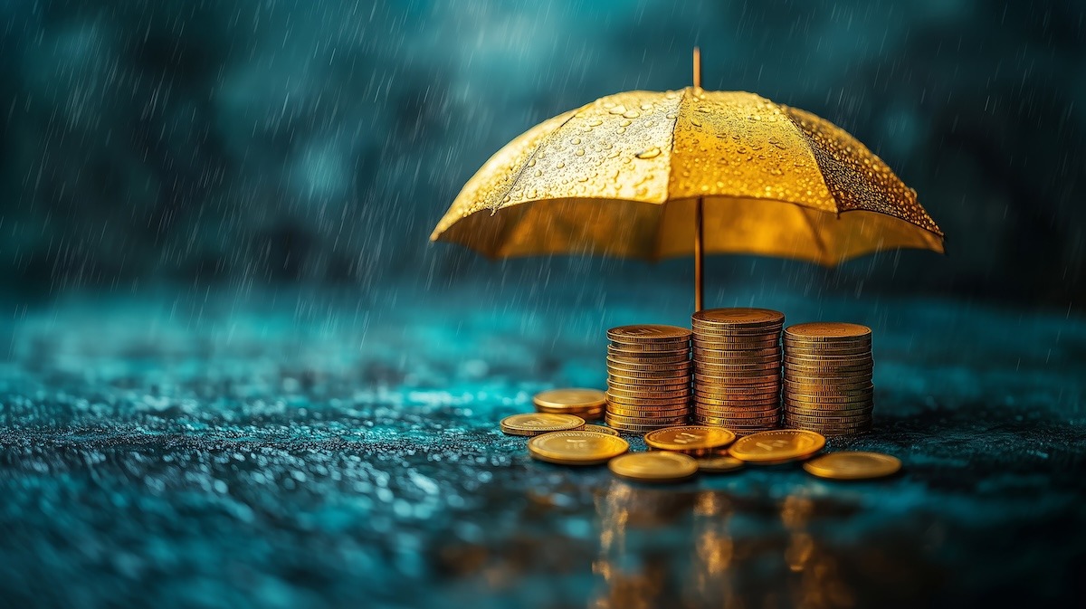 A small umbrella covering a stack of coins to keep them dry in the rain.