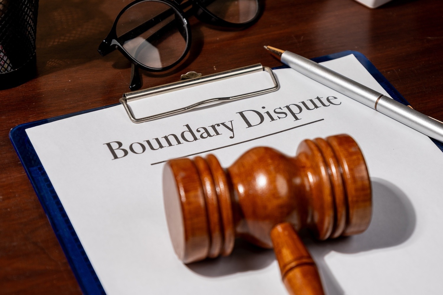 Boundary dispute document with a gavel, eyeglasses, and pen.