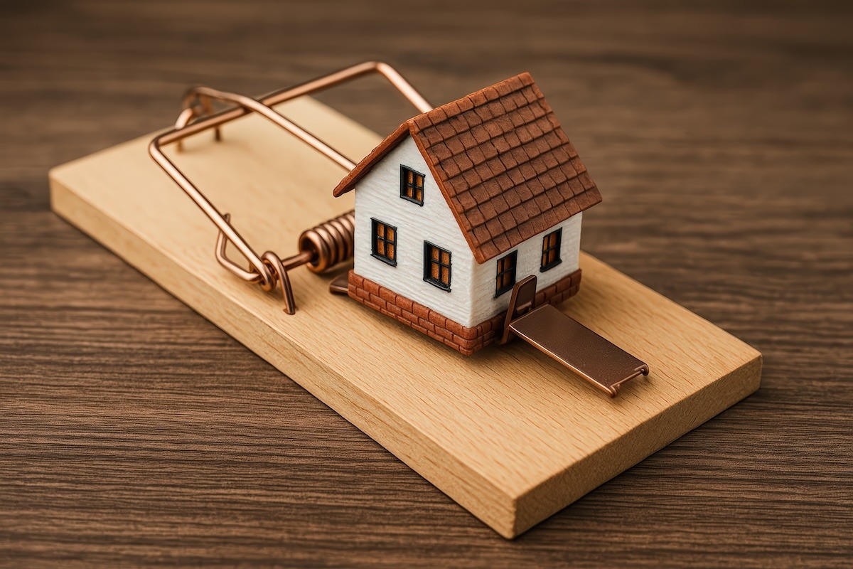A small model house caught in a metal mousetrap on a flat surface.