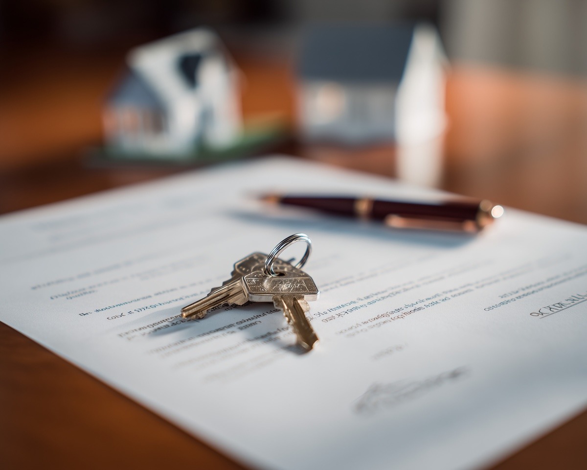 A set of house keys in the foreground with a home purchase agreement, a pen, and miniature houses blurred in the background.