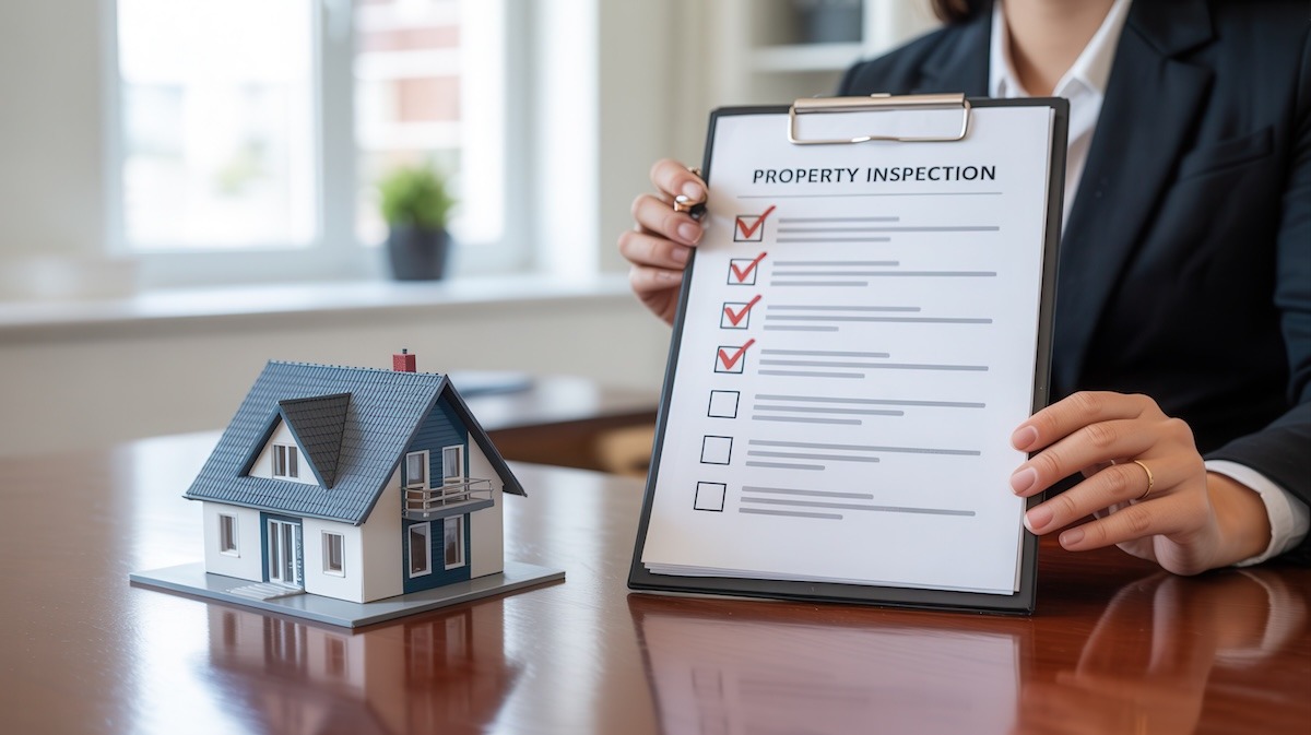 A person sitting at a desk holding a clipboard with a property inspection report, with a small model house on the left side of the desk.