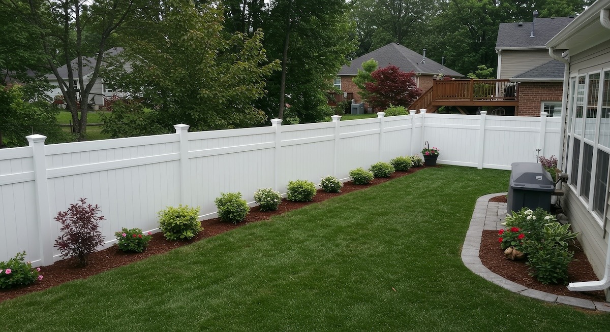 A backyard with a bright green lawn surrounded by a tall white fence on all sides.