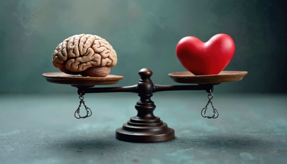 A weigh scale with a realistic brain on the left side and a large red heart graphic on the right side.
