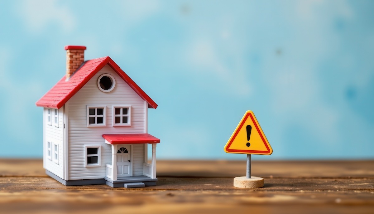 A small toy house on a table with a caution sign beside it.