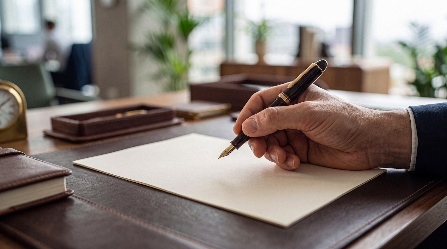 Mature hand using a fountain pen to write on paper at a desk