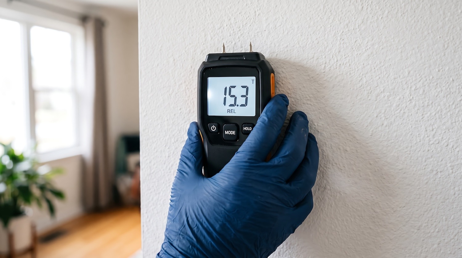 Home inspector using a moisture meter to check a residential wall for hidden moisture.