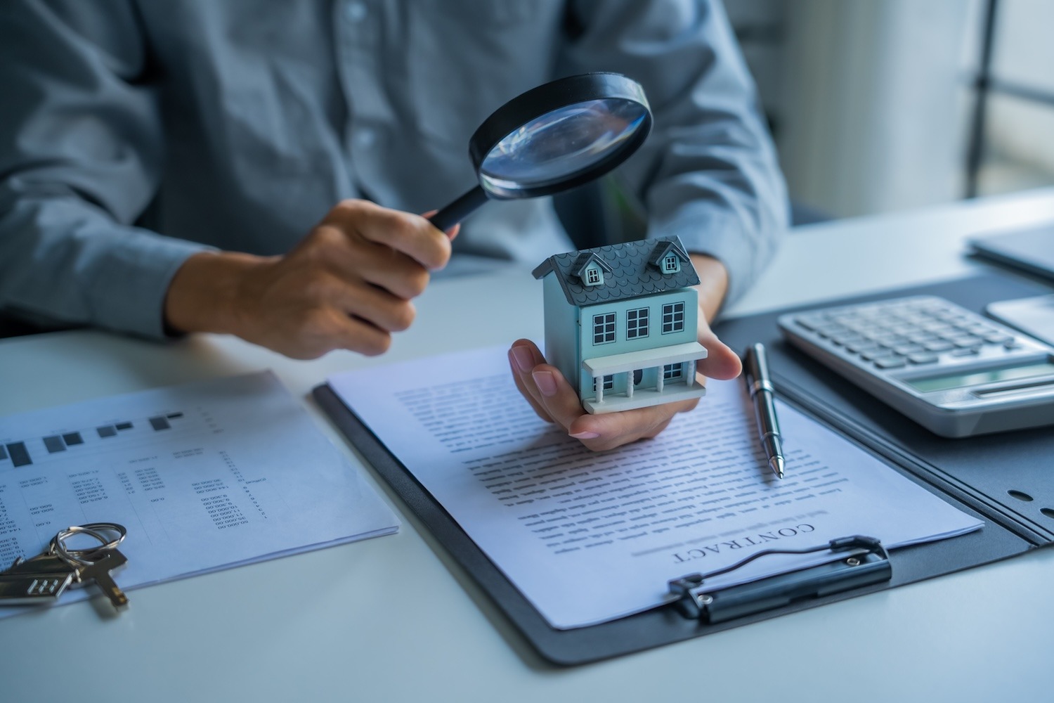 Person examining a model house with a magnifying glass beside property documents and keys.