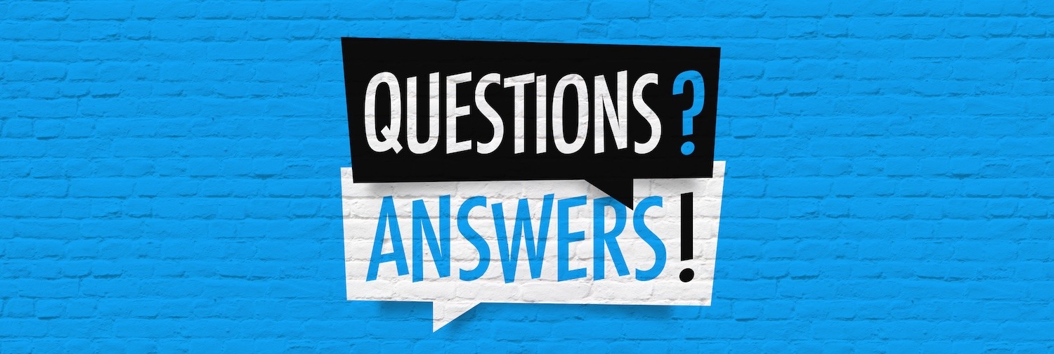 Questions and answers message displayed in large lettering on a blue background.