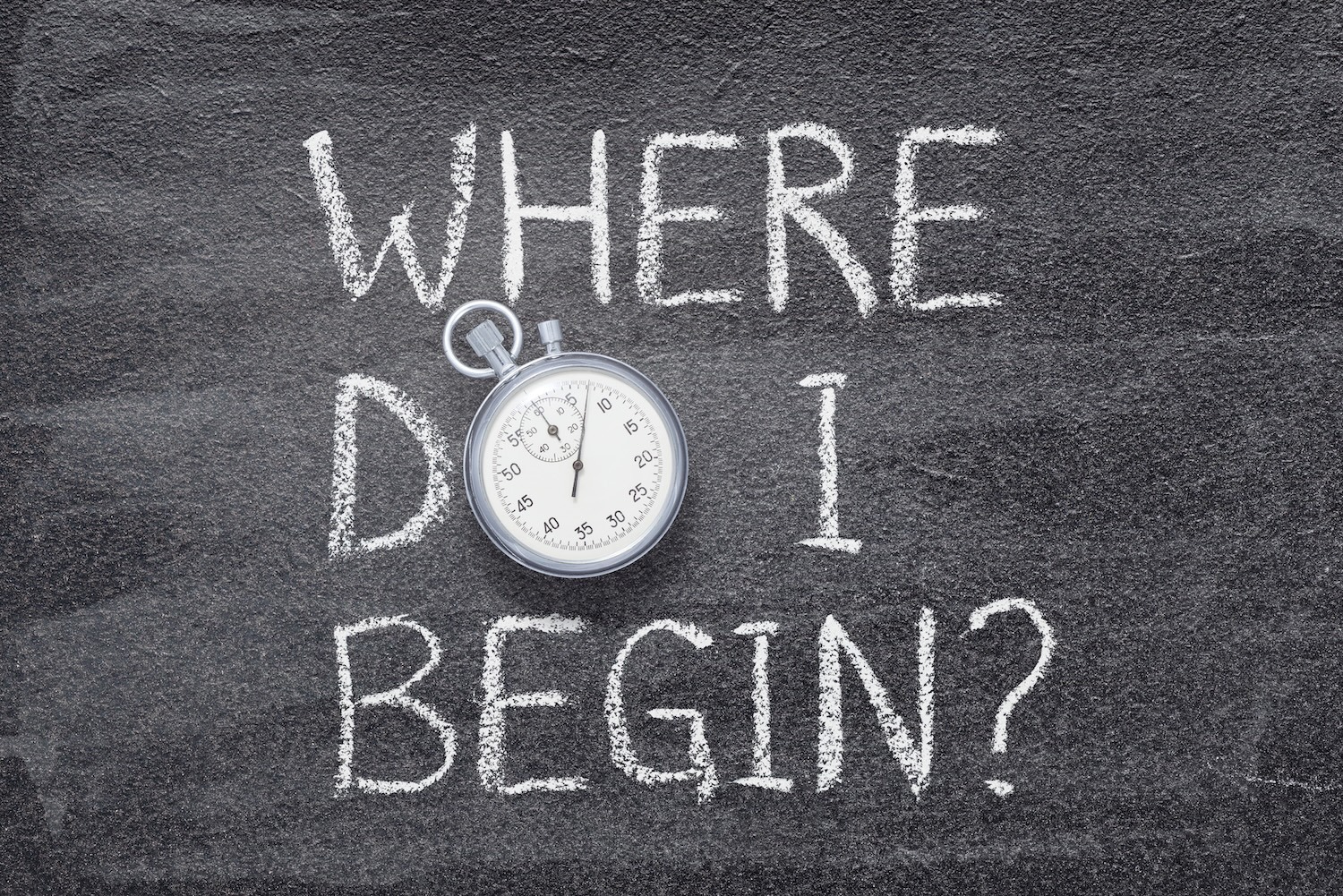 Chalkboard with the words “Where Do I Begin?” beside a stopwatch