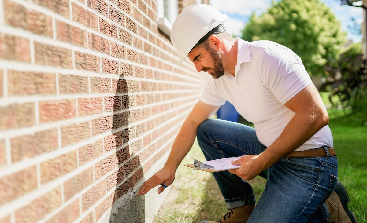 Home inspector examining the exterior brick foundation of a house while taking notes on a tablet.