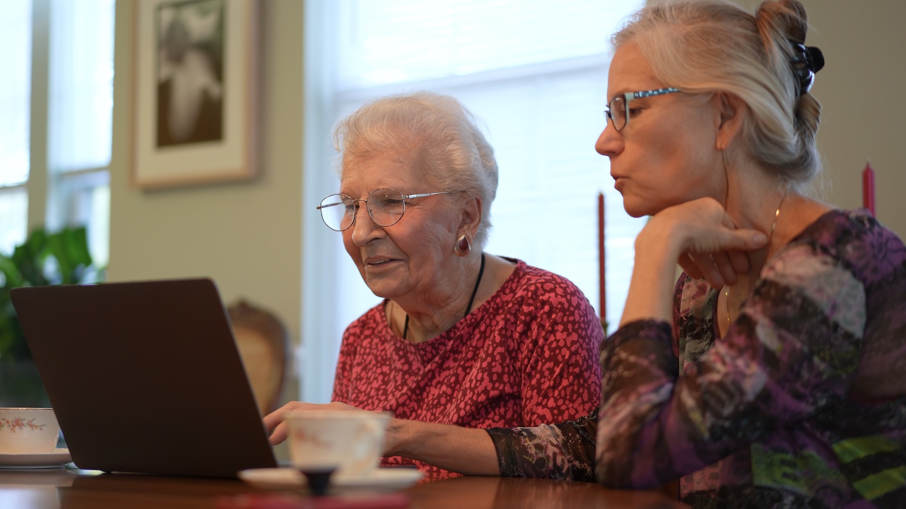 First Time Executor. Elderly woman sitting at table with her grown up daughter, looking at a computer laptop screen.