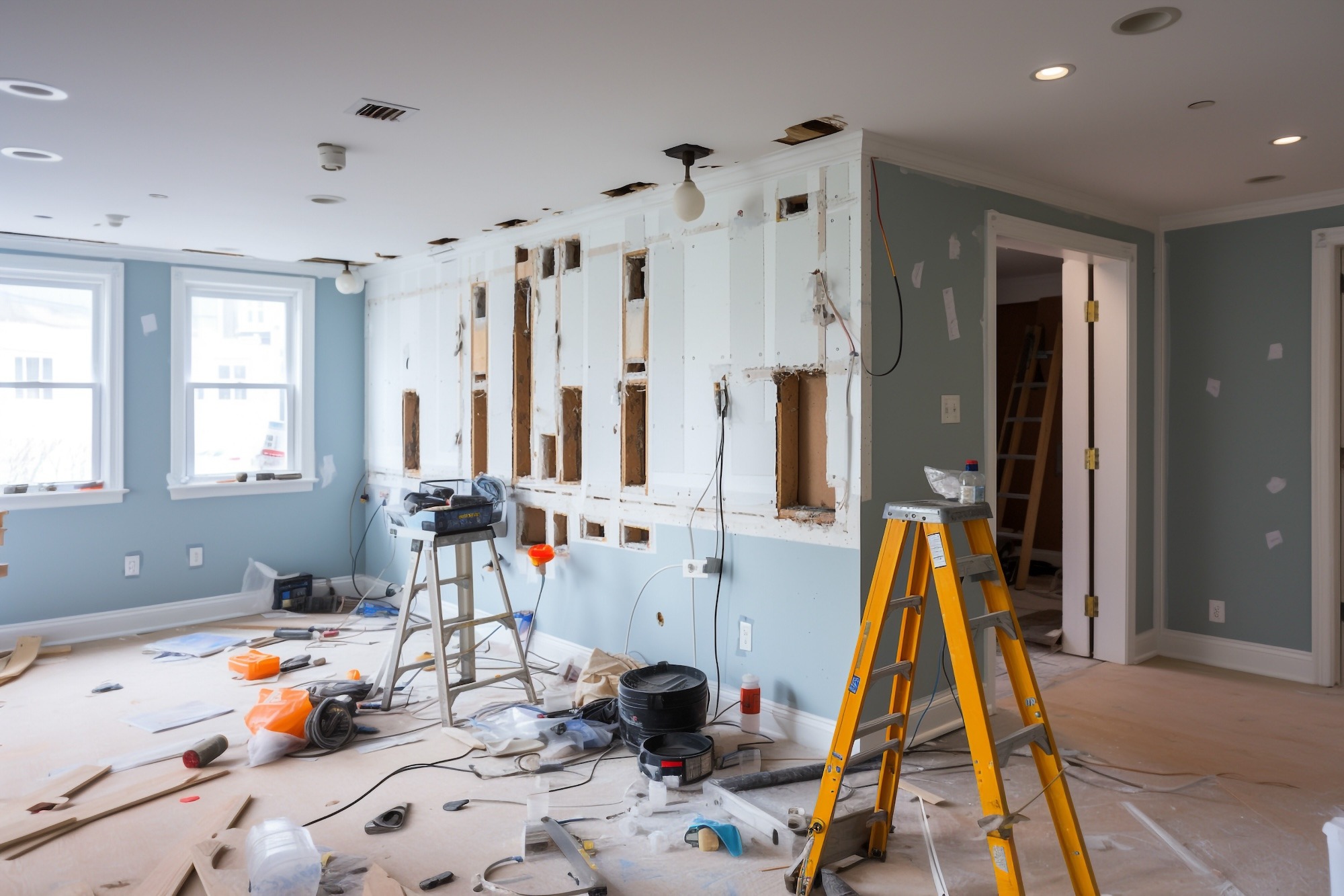 Home Downsizing. An image of a living room being completely renovated. Bare floors, walls and ceiling being renovated. Ladders, worktables and construction equipment on the dusty and cluttered floor.