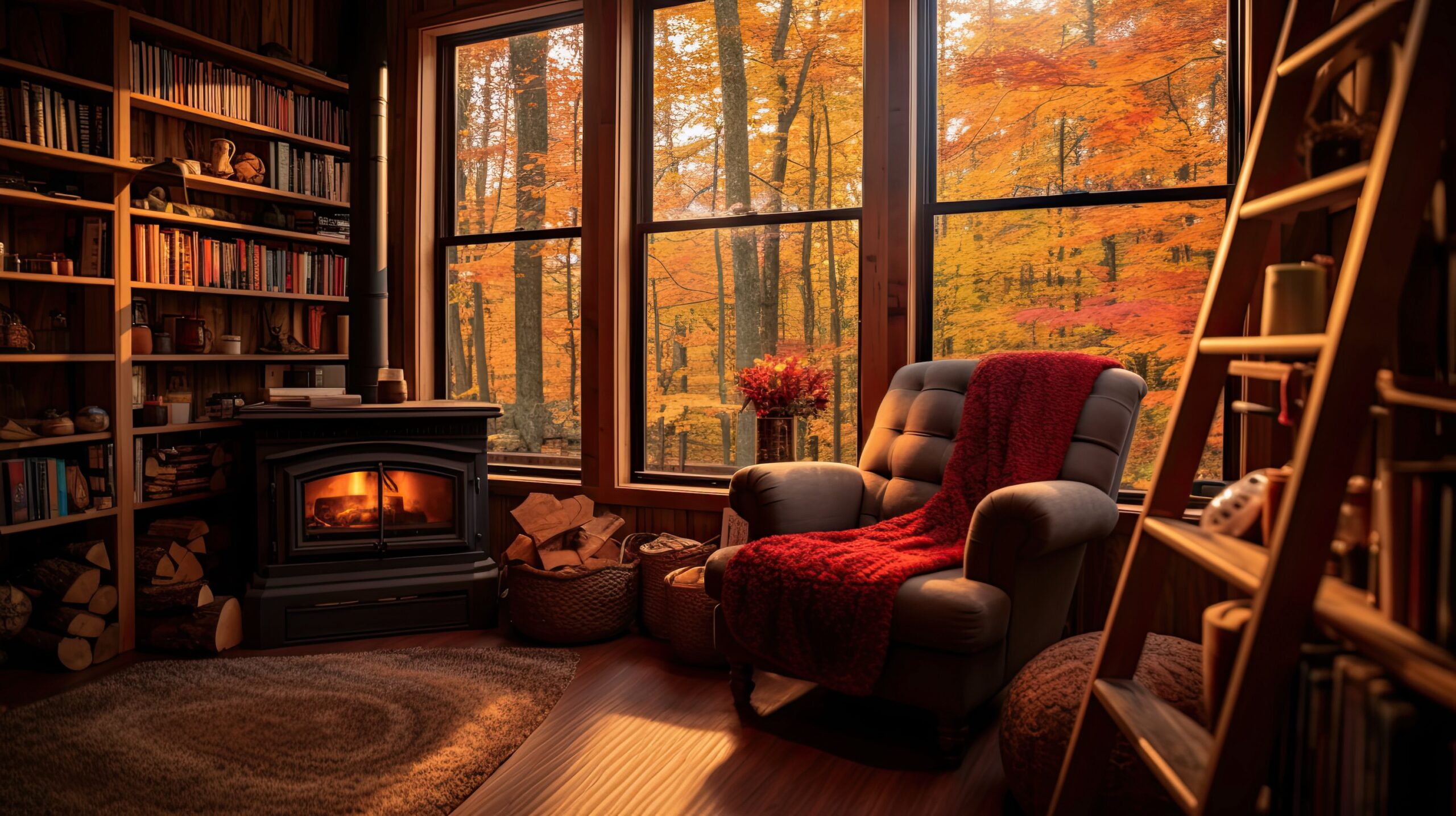 Home Downsizing. Image of a cozy room and fireplace, overlooking a backyard forest with autumn leaves and trees. Autumn also a intimating time for change.