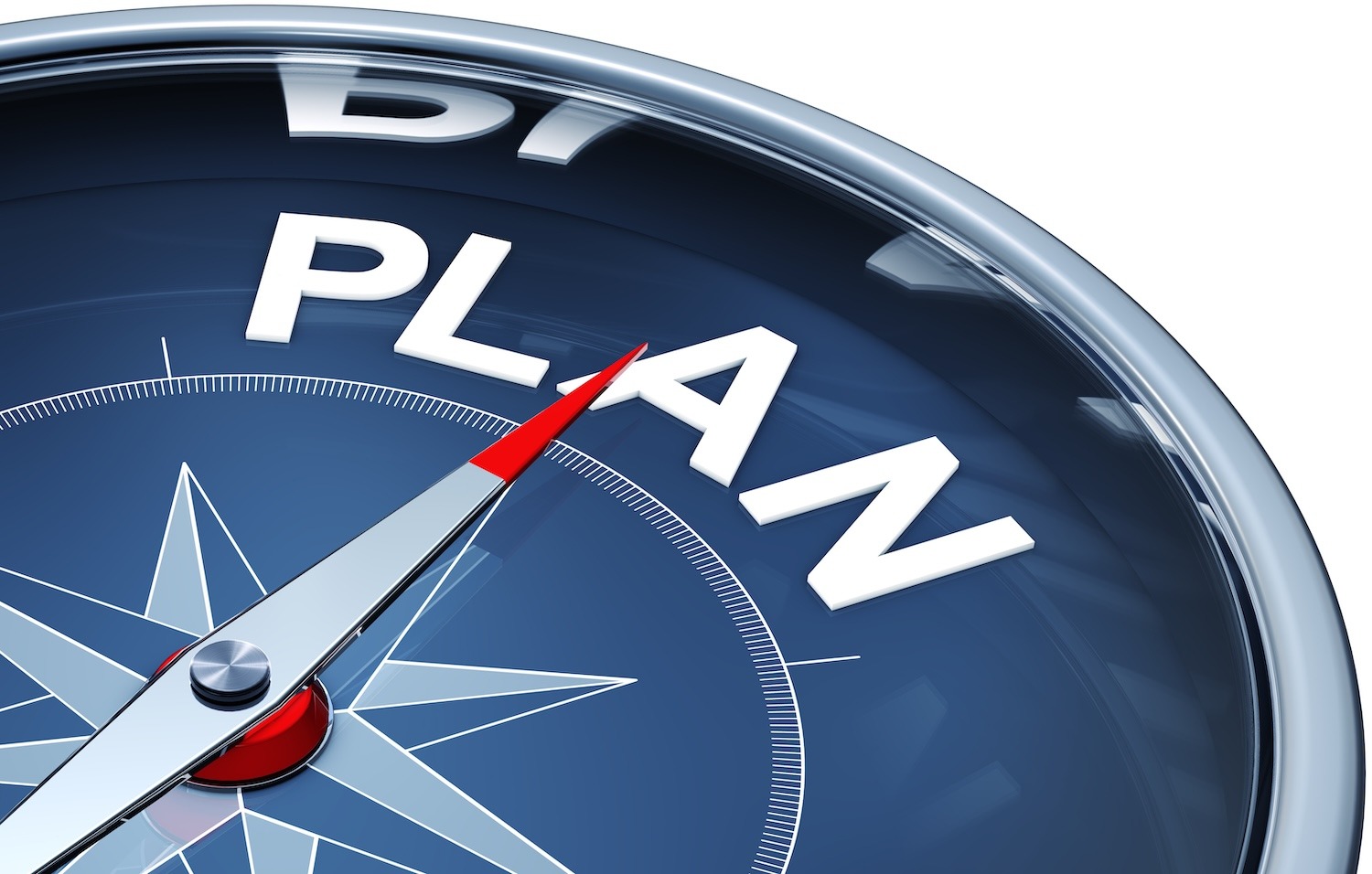 Compass with the needle pointing toward the word Plan