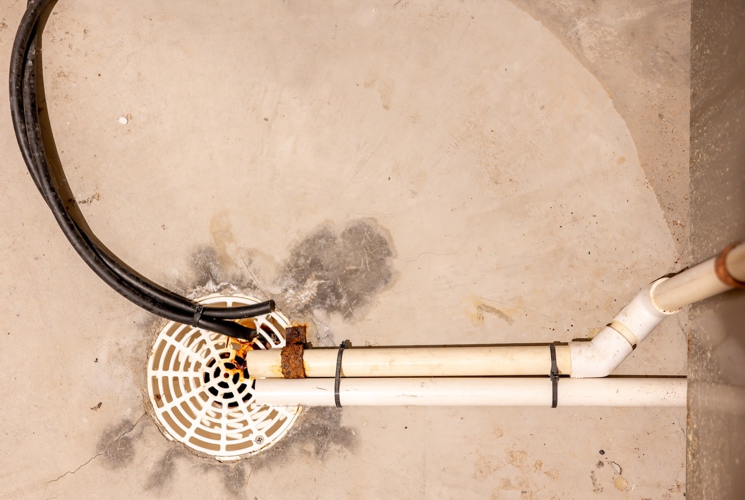 Residential basement floor drain with several drain lines connected to the sanitary drainage system.