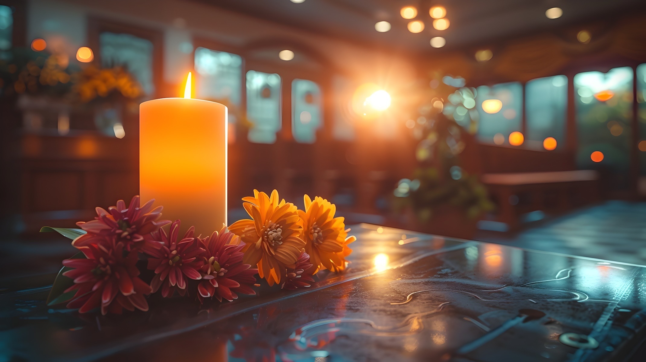 Estate Planning. Funeral arrangements and organ donation. A dark and serene image of a lit candle with flowers at the bottom in the foreground on a desk. Behind it in the blurred background is a bright light behind several rows of benches.