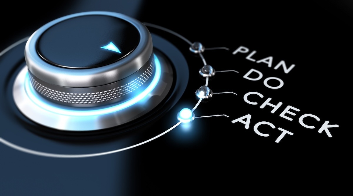 A dark precision dial with Plan, Do, Check, and Act indicators beside it.