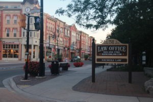 Nichols Law office location, corner of Main And Centre in Markham, looking across at the clock tower